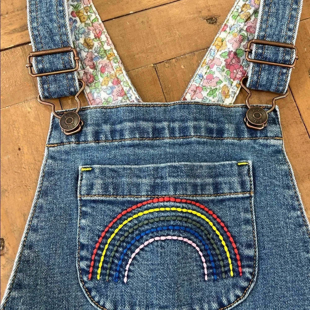 Mini boden rainbow embroidered denim overalls girls 8-9 years